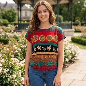 Vintage Sharon Richard's Lifestyle Safari‎ Jungle Sunflower Elephant Top Size L